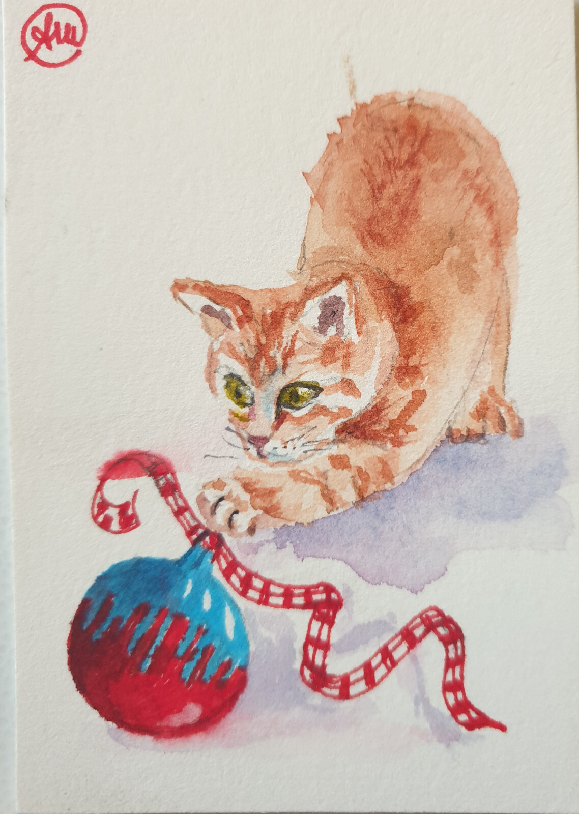 ACEO original watercolor painting, orange tabby cat, playing kitty cat art