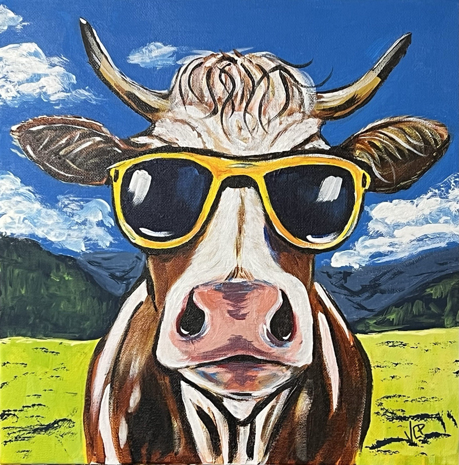 Whimsical Cow In Sunglasses Expressionist Art Acrylic 12×12” Canvas VLP Original