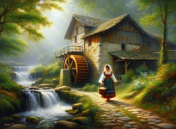 Watermill. Village. Painting Giclee Canvas 16″x20″ with mat frame