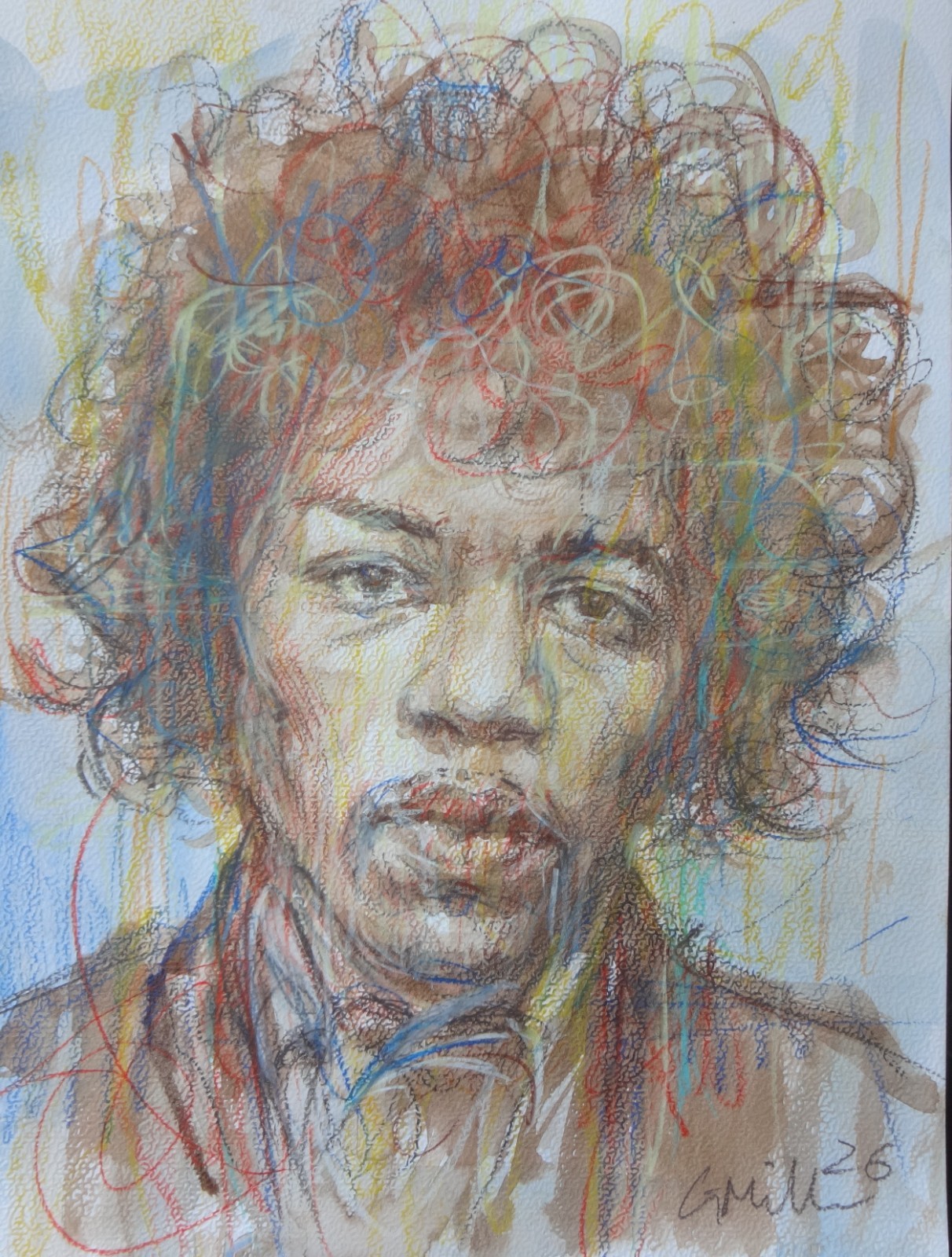 GERRY MILLER ARTWORK. «Jimi Hendrix». Watercolour picture on paper. 24 x 32 cm.