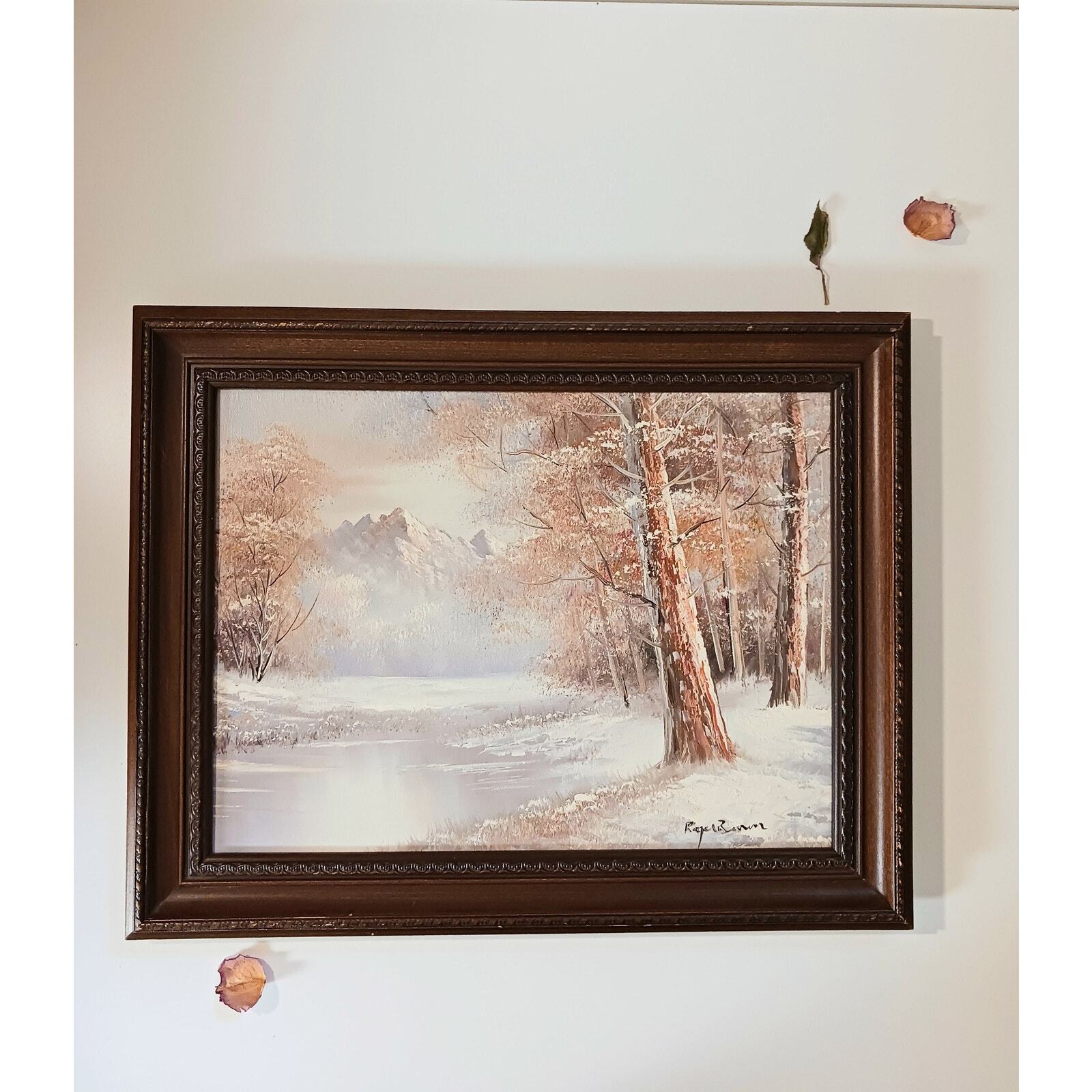 Vintage Winter Landscape Painting Framed Mountain Forest Original Artwork Signed