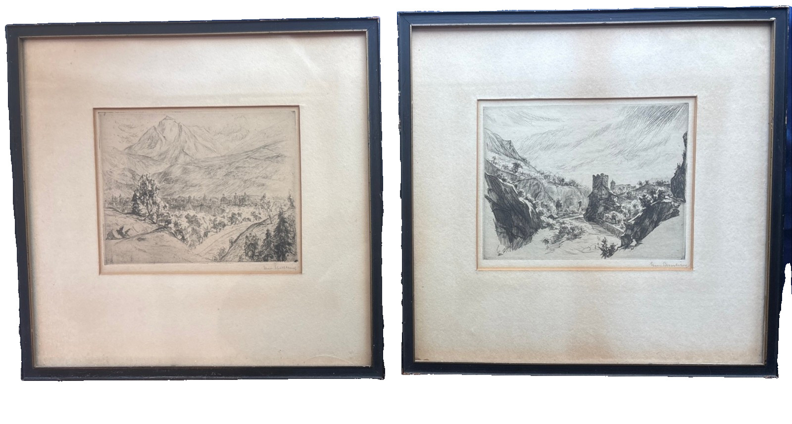 Vintage signed European landscape, etchings pair, framed Alpine Mountain scenes