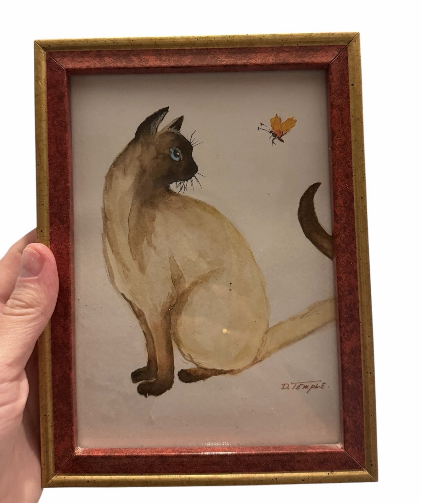 Hand Painted Watercolor Original Art Painting Kitty Cat Butterfly Signed Framed