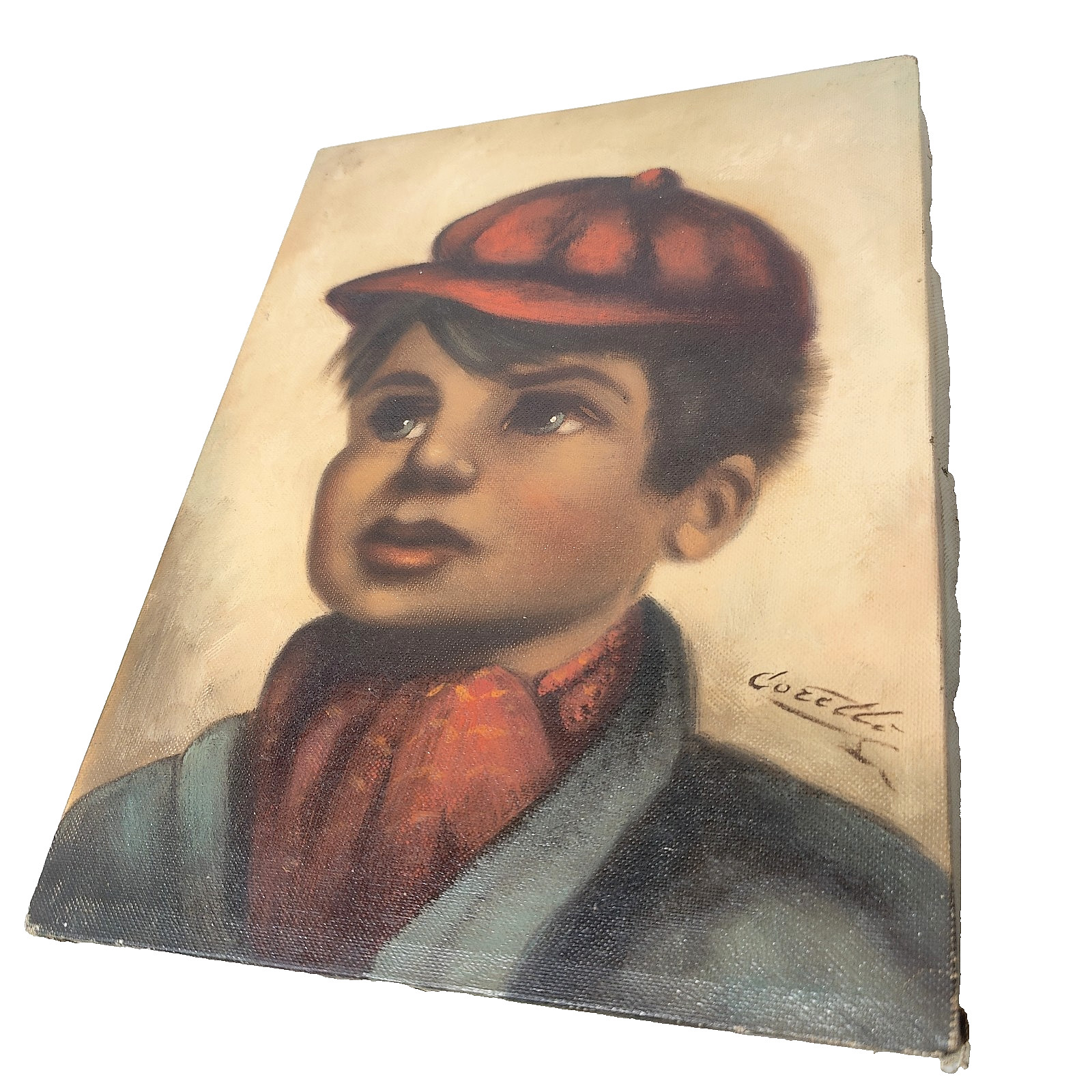 Vintage CORELLI Oil Painting Big Eyed Boy Red Hat Scarf Signed Stretched Canvas