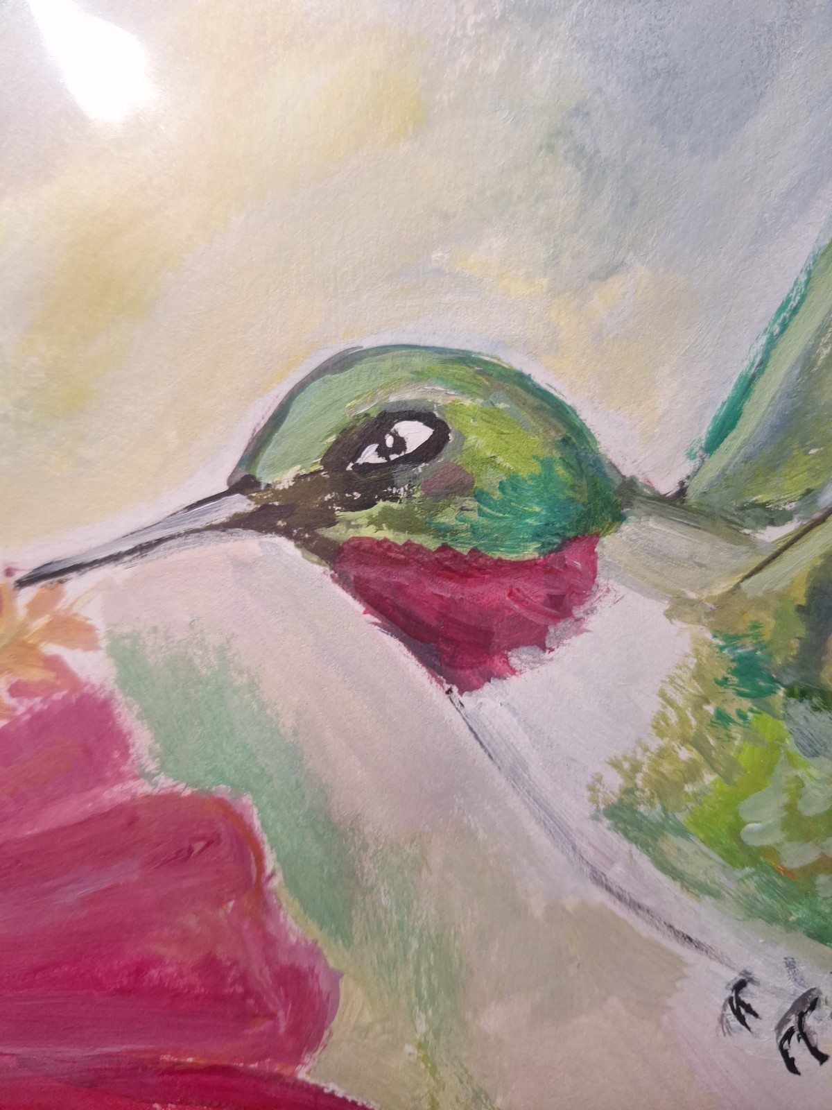 Original Golden 9×12 Impressionist Hummingbird Acrylic Paper Signed Home Decor