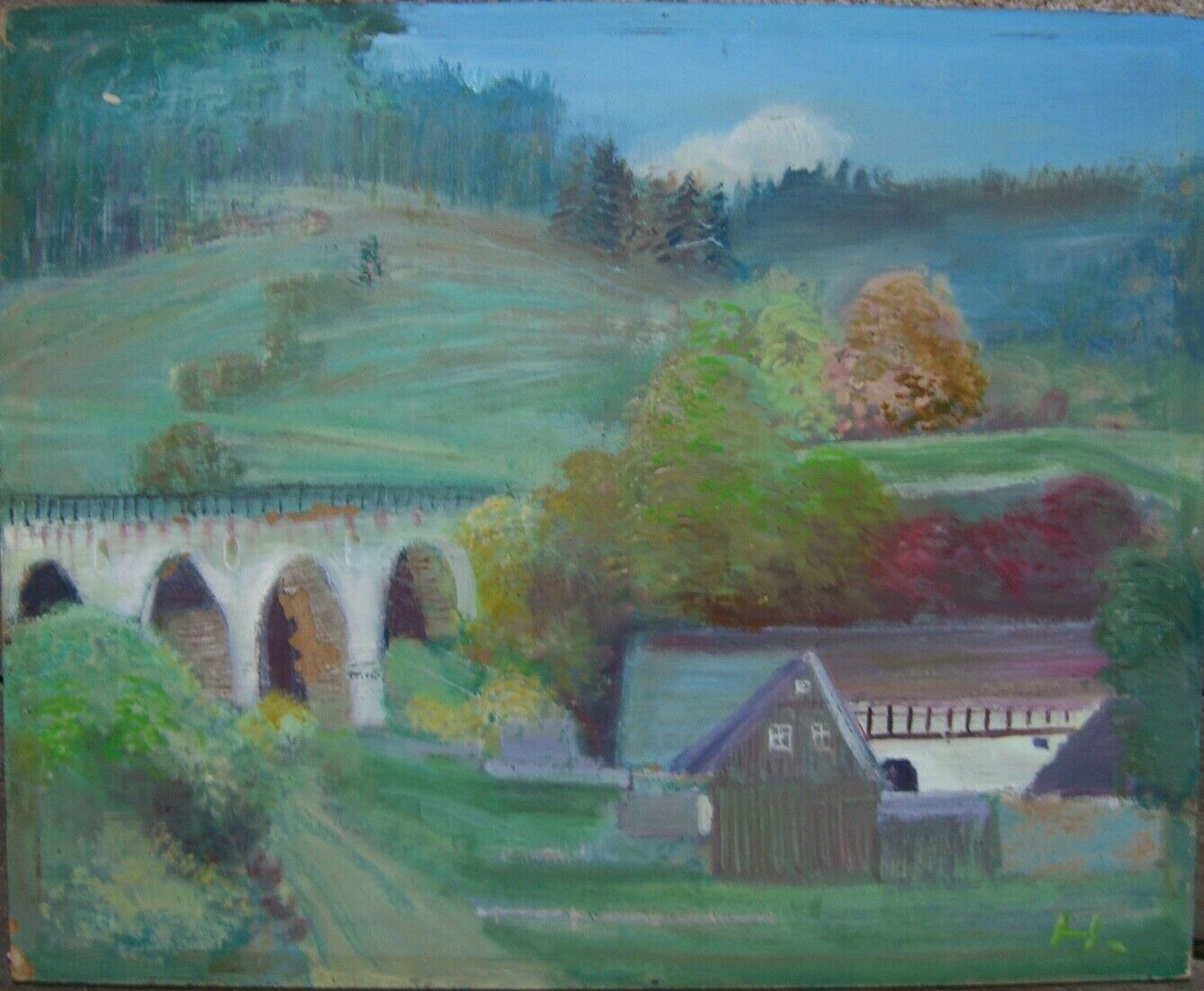 Antique Landscape Oil Painting Arch Bridge Well Railroad Monogram Antique Oil