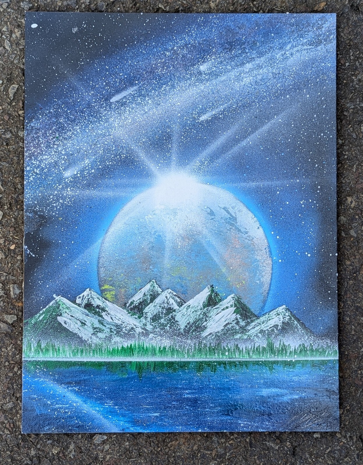 Cosmic Horizons. 12×16 Inch Spray Paint On Canvas. Original Work, Signed.