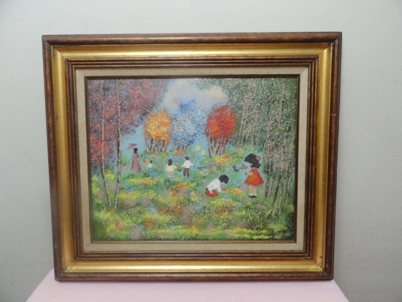 Louis Cardin Impressionist Style Signed Enamel Painting on Copper Girls Flowers