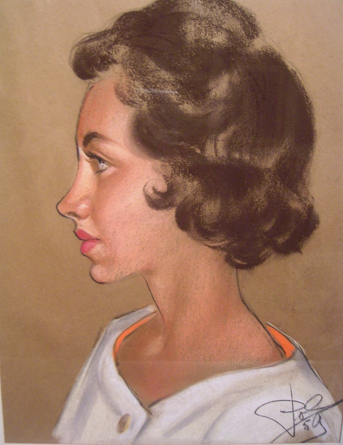 Vintage 1950s Pastel Painting Portrait of Young Woman