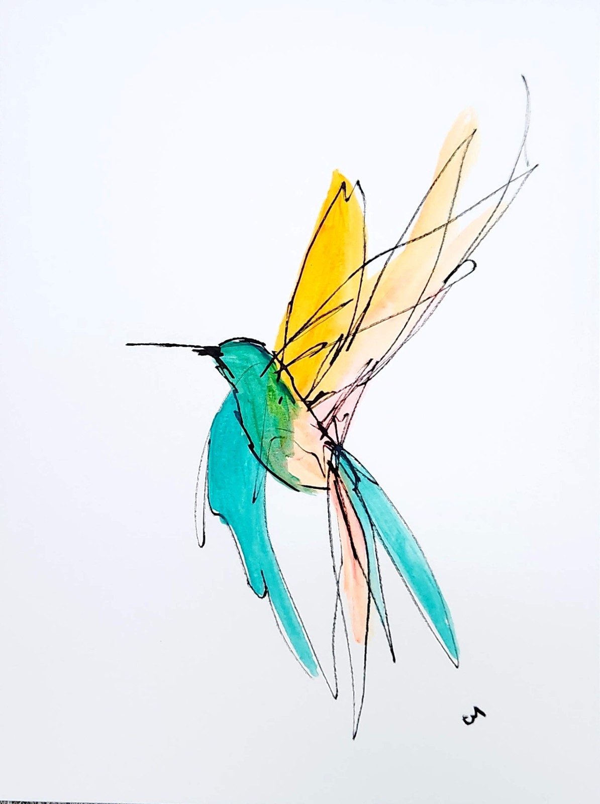 Original Abstract Hummingbird 9×12 Painting Acrylic Teal Wall Art Paper