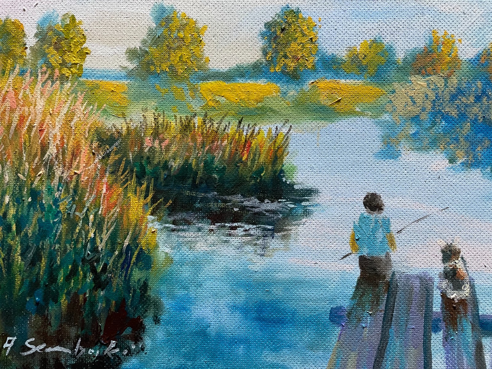 Original Oil Painting River Landscape Fisherman Dock Impressionist Art 12×16
