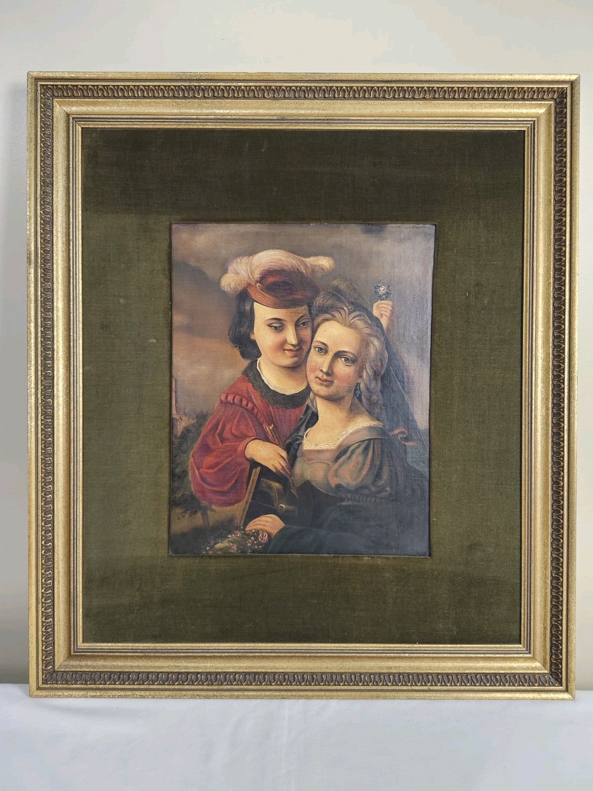 Vintage European Oil Painting Romantic Couple Ornate Gold Frame Velvet Mat 27×24