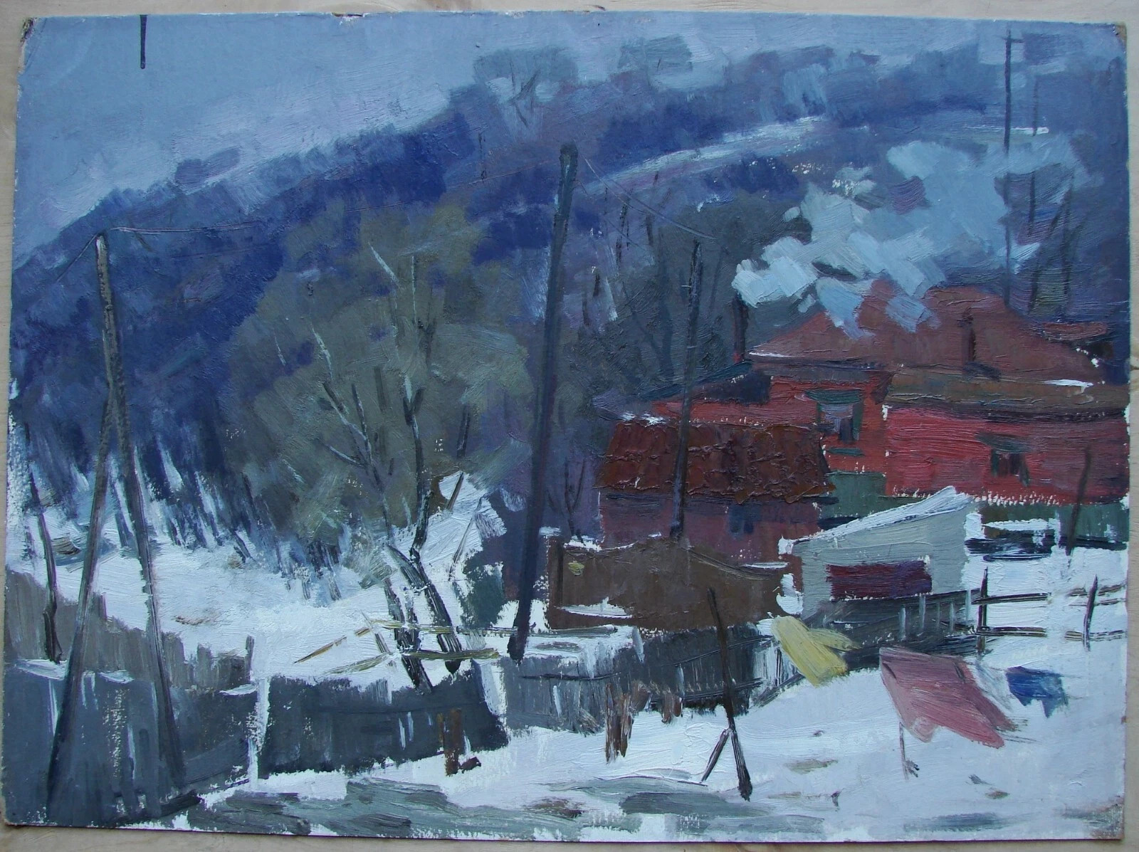 Ukrainian Soviet two Oil Paintings impressionism landscape house rider winter