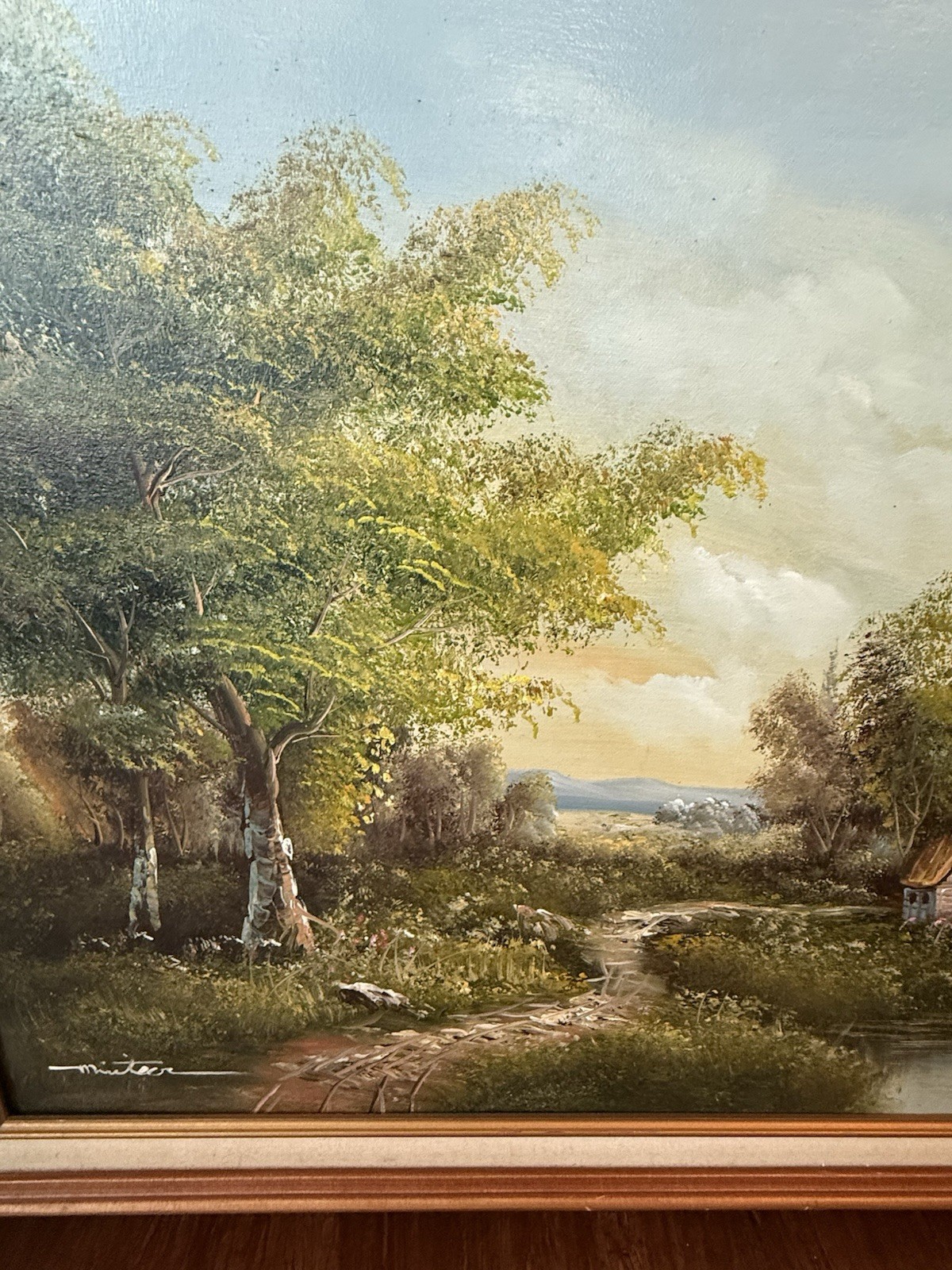 Large Hand Painted Antique Oil Painting Of Rural Country Cottage And Tree