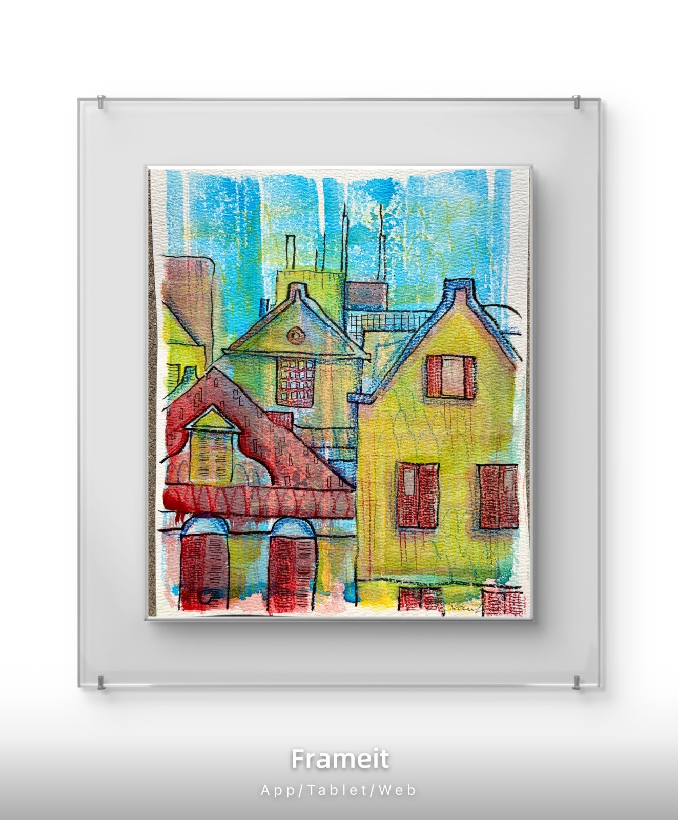 Original Red Blue Buildings By Alannah Dyer- Acrylic 8×10 in. Village Houses