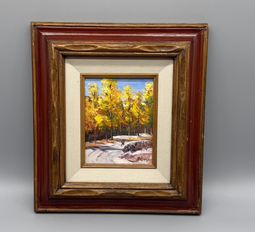 Original Oil Painting Autumn Landscape Signed Skaggs Impasto 9×10” Wood Frame