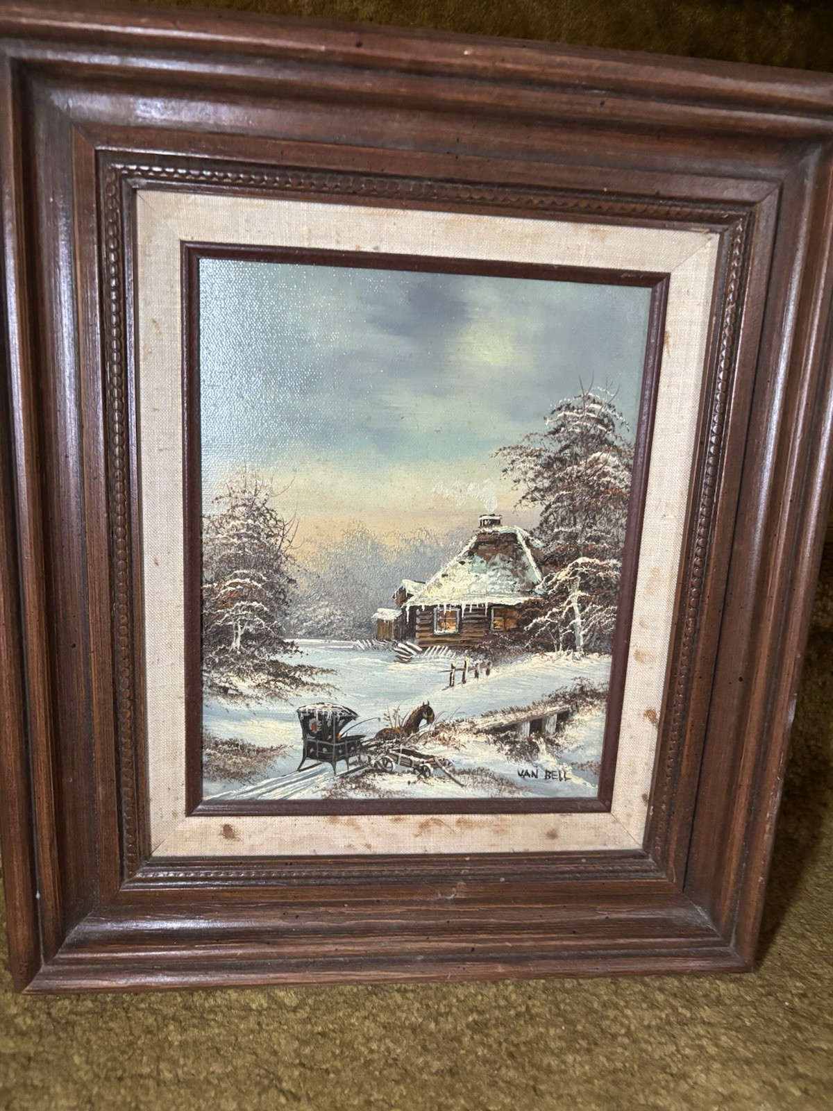 Vintage MCM Artist Van Bell 8×10” Oil Painting In Lg Ornate AS IS Wood Frame