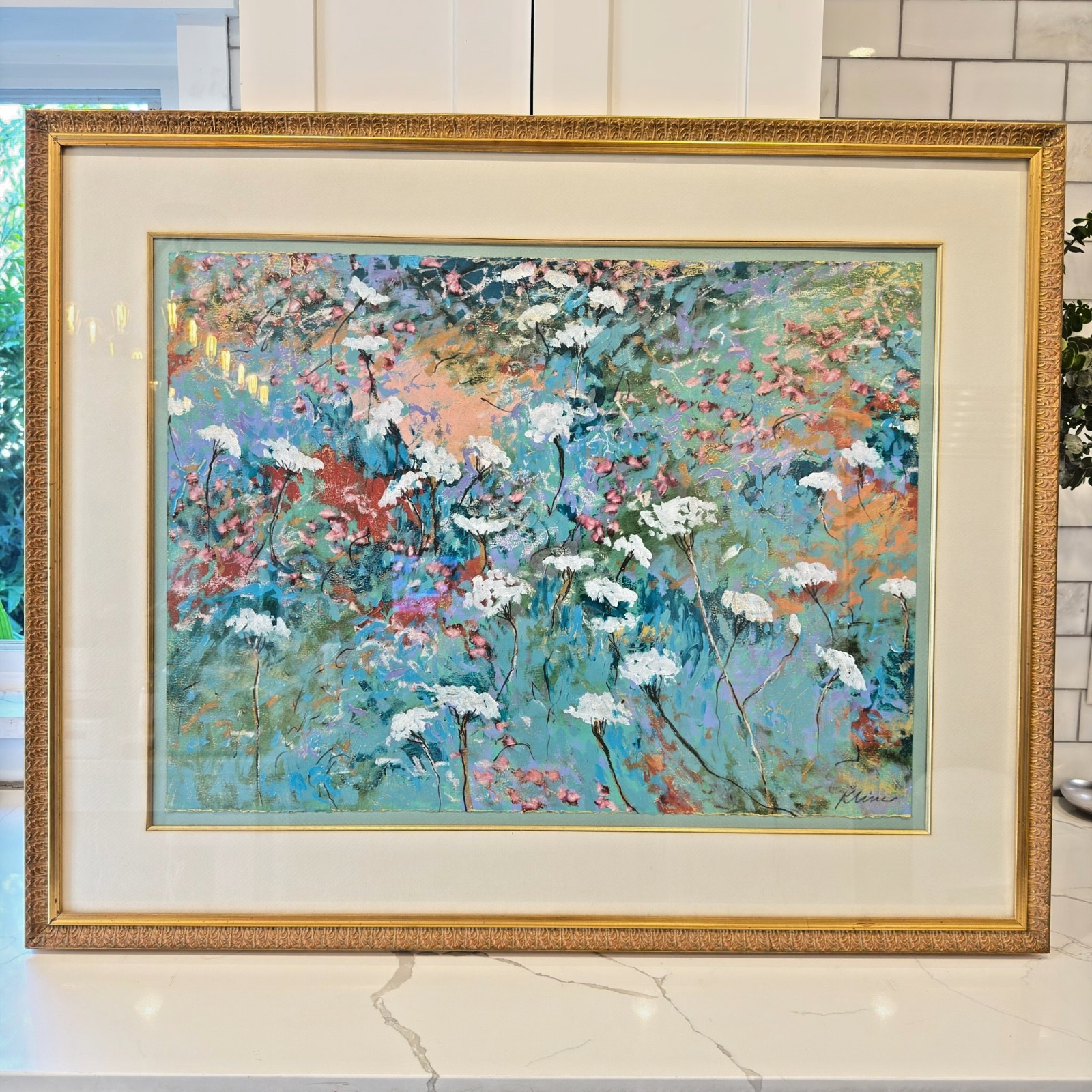 Large VTG Painting Mixed Media Floral Gold Leaf Signed Kline Framed 40.5″x33.5″