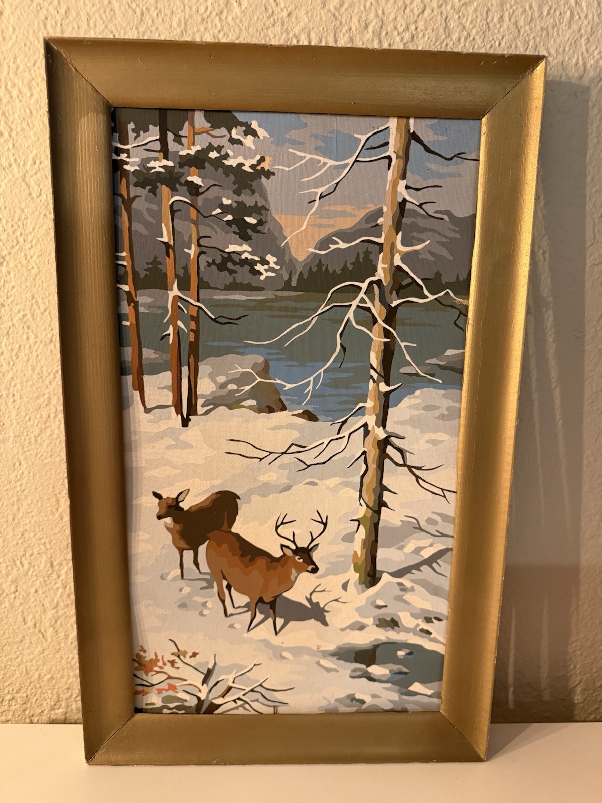 Vintage Paint By Number PBN Painting Deer Stag Doe Winter Forest 18″ x 10″ MCM