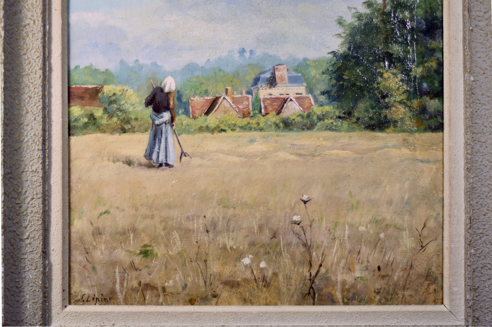 STANISLAS LEPINE ( 1835-1892) SIGNED FRENCH OIL ON CANVAS – LANDSCAPE HAYMAKER