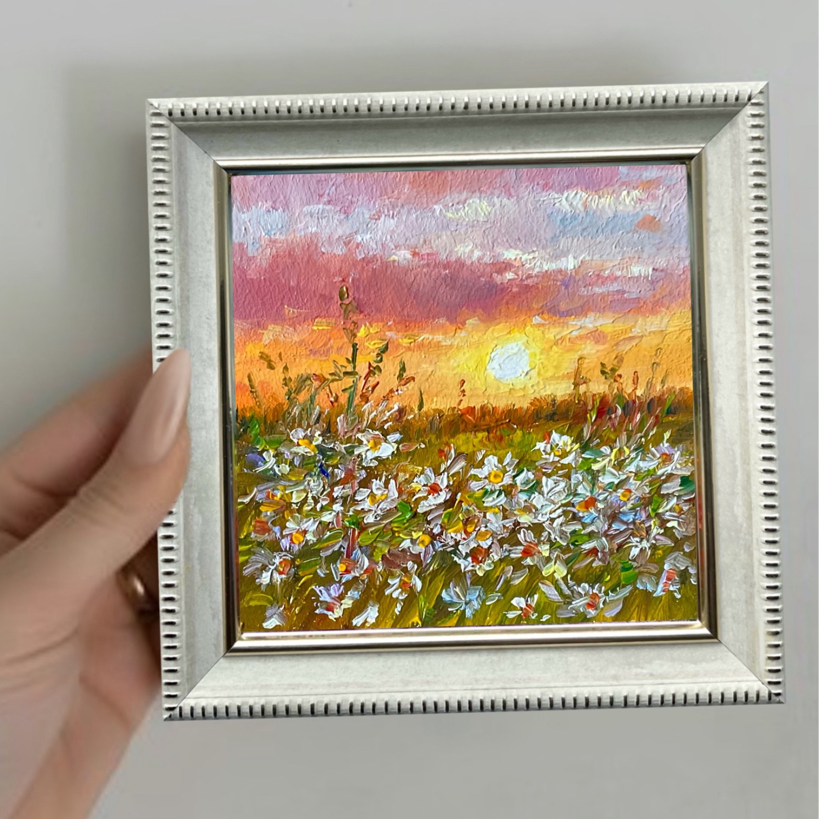 Original Oil Painting Wildflowers Daisies3 Impasto Small Wall Art 4x4in Signed