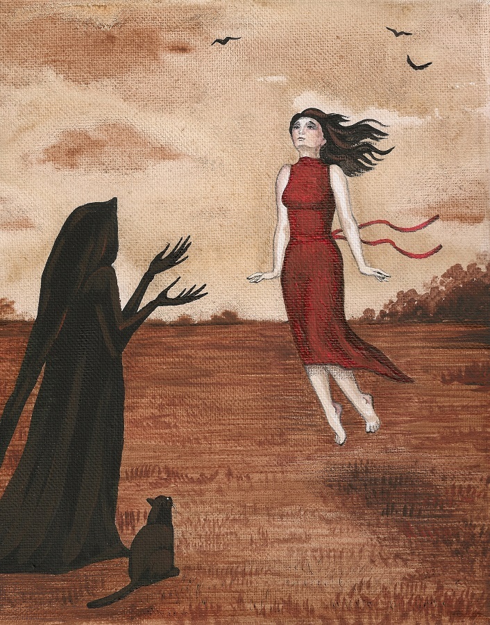8×10 PRINT OF PAINTING PAINTING RYTA CROW BLACK CAT WITCH Halloween folk art 🌗