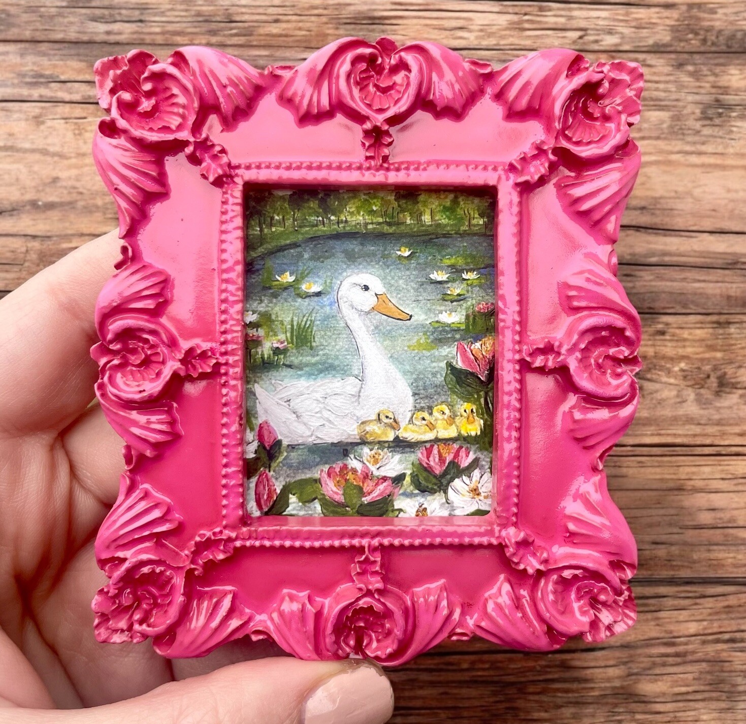 Mama Duck with Ducklings watercolor print in pink vintage style ornate frame