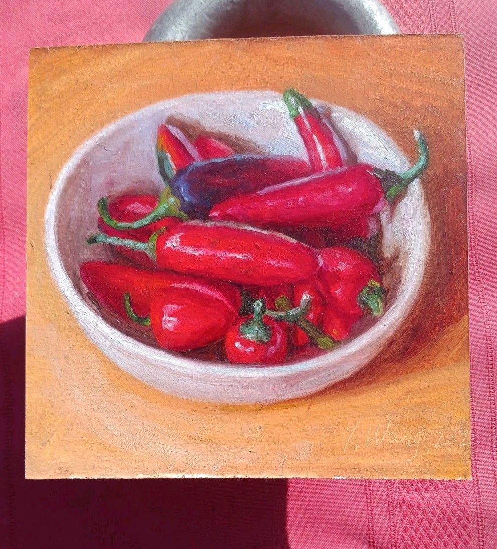 Original OOAK oil on board still life Chilli Peppers 6″x 6″ Y Wang. Signed
