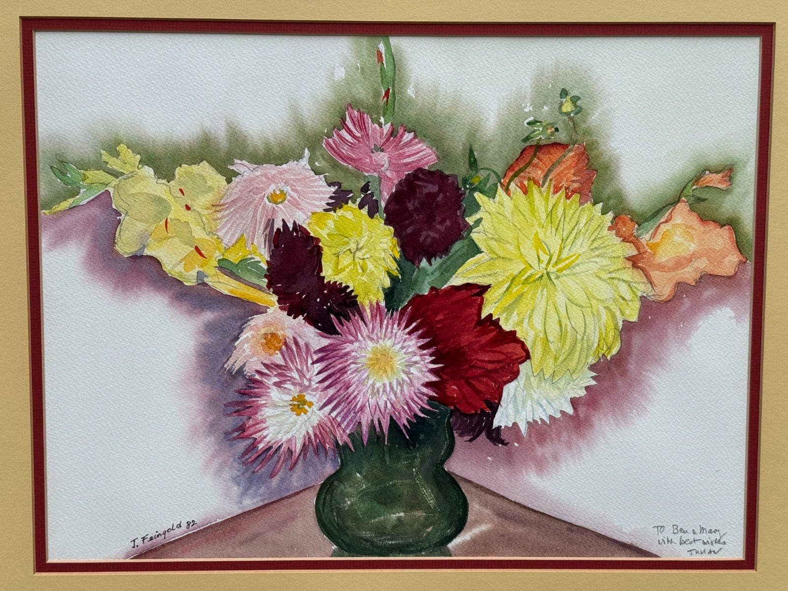 JILIAN J. FEINGOLD VINTAGE ORIGINAL WATERCOLOR PAINTING VASE WITH FLOWERS 1982