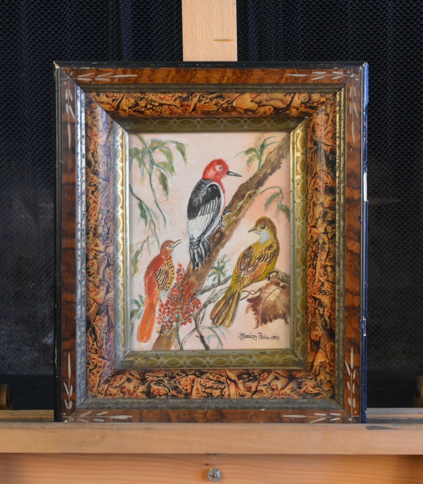 Small Vintage Watercolor Painting – 3 Birds in a Tree – Marion Price – 1967