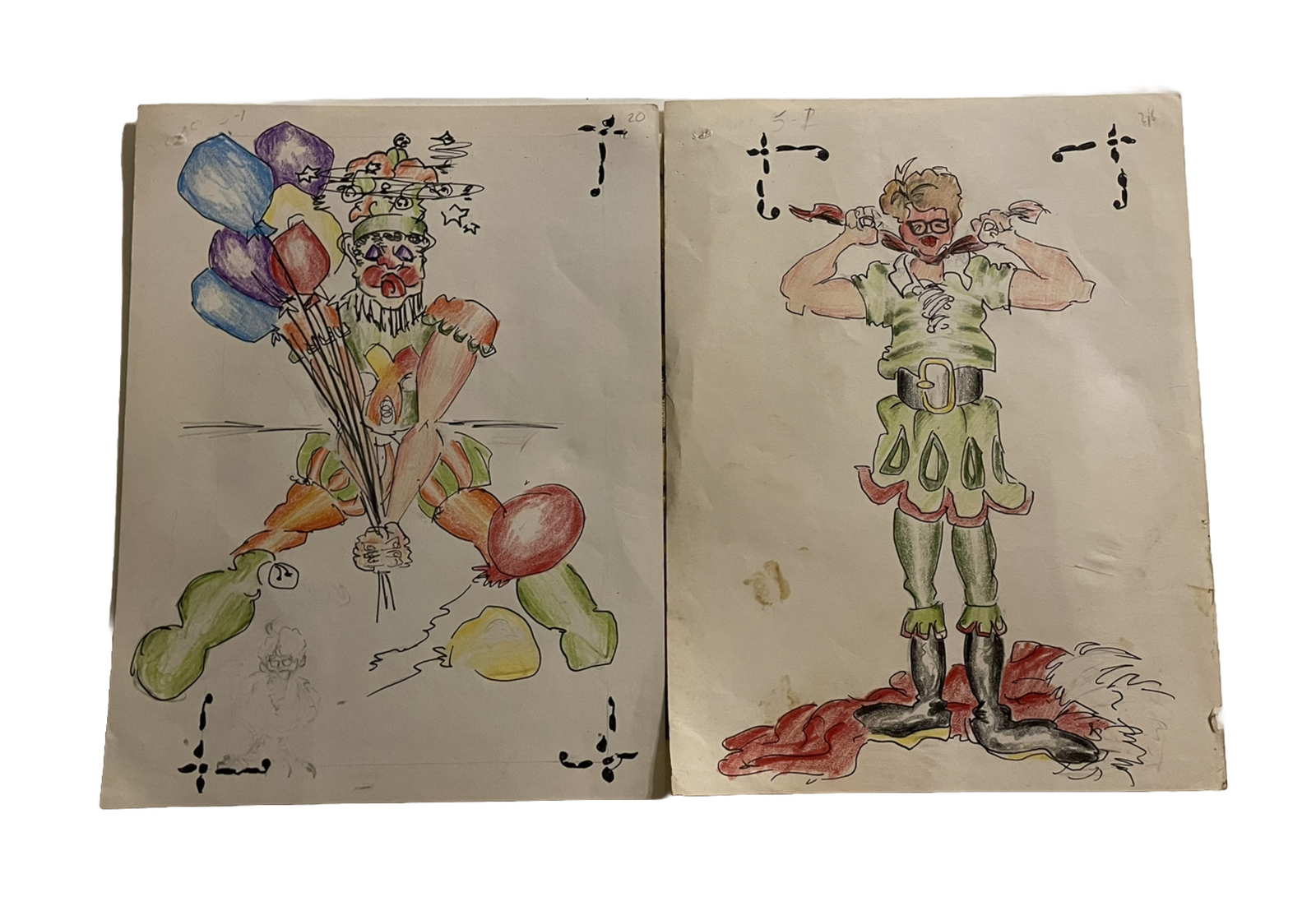 Pair Watercolors Clown Circus Joker Poker 1930/50 American