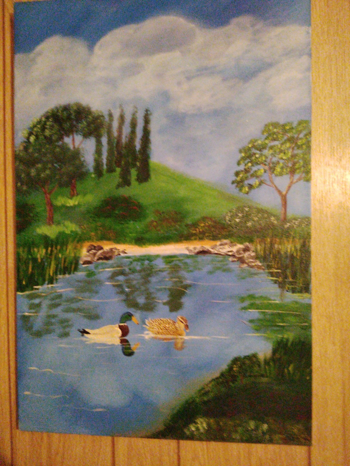 Folk Art Duck Pond Landscape Painting with Trees – Unframed Single Piece