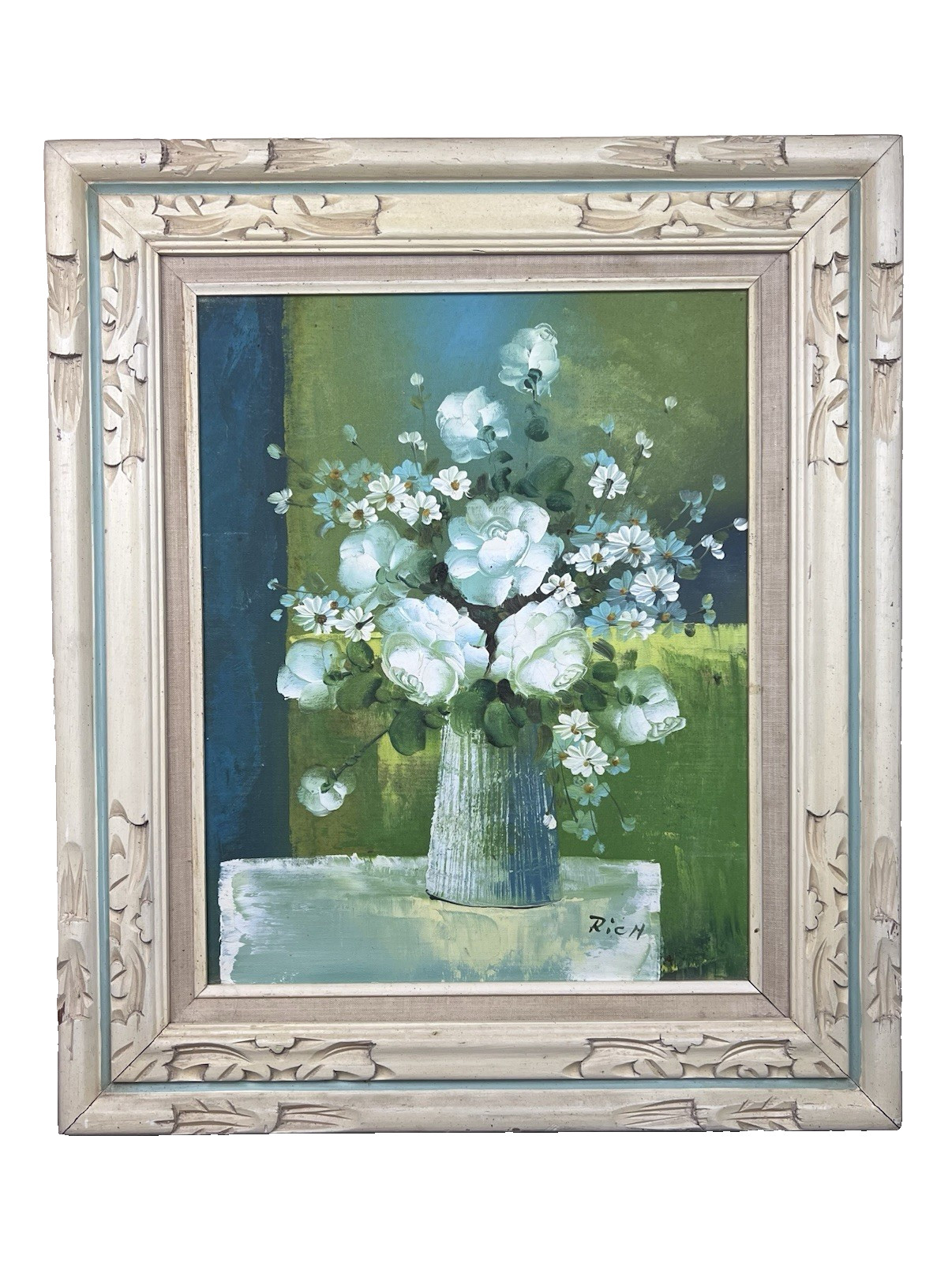 VTG Original Oil Painting White Floral Bouquet Wooden Frame Signed 27.5″ Cottage