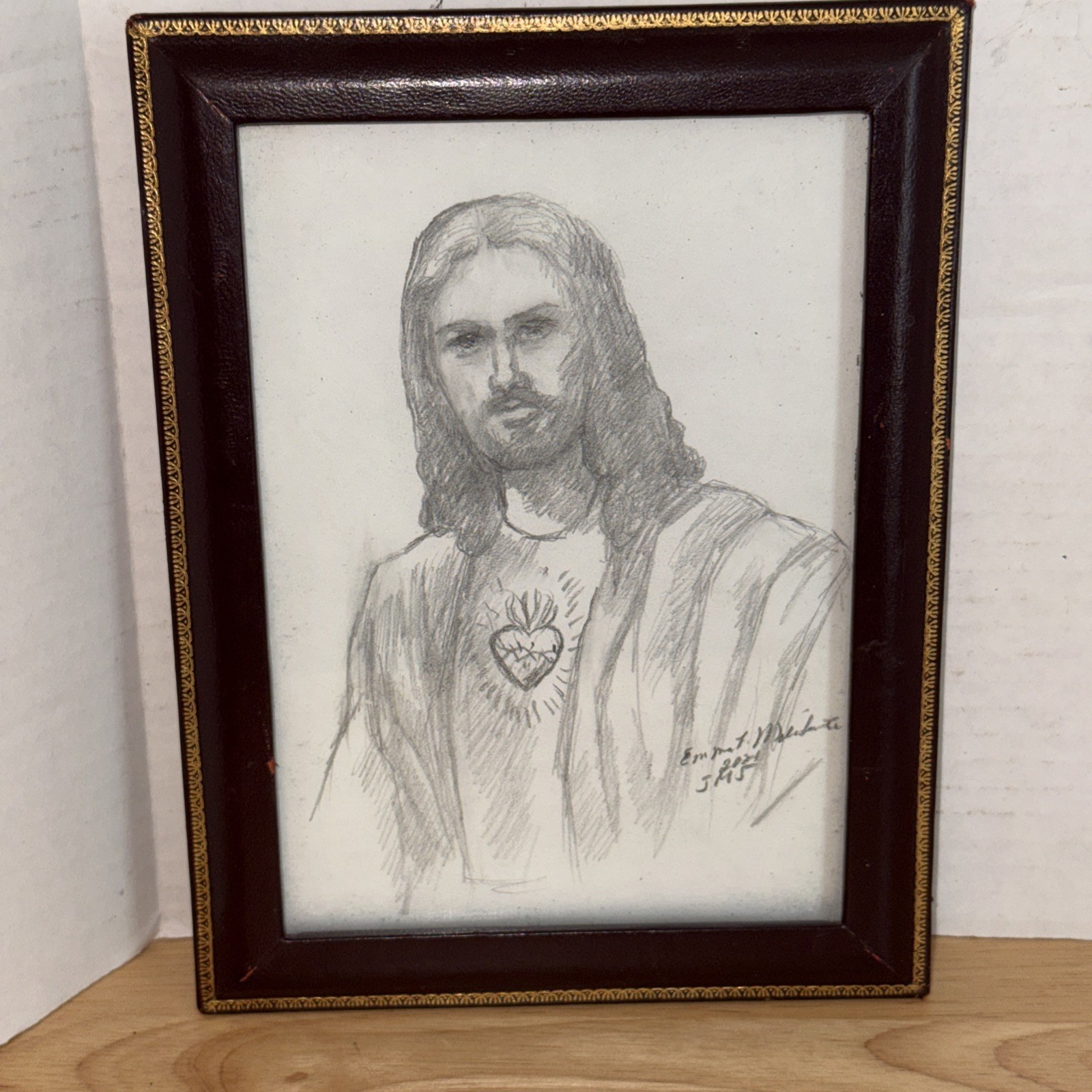 Sacred Heart of Jesus Original Pencil Drawing Signed In Leather Frame Free Ship