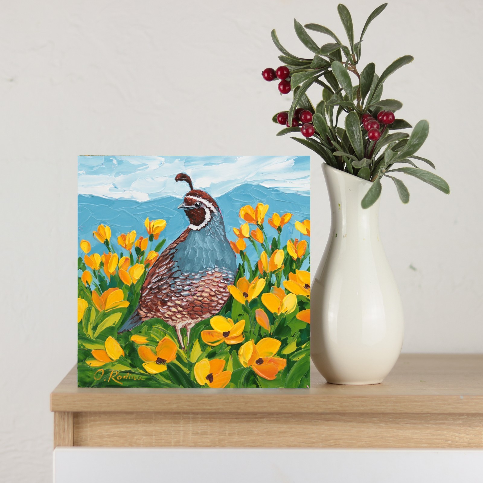 Quail Oil Painting California Poppy Flower Art Original Impasto Bird textured