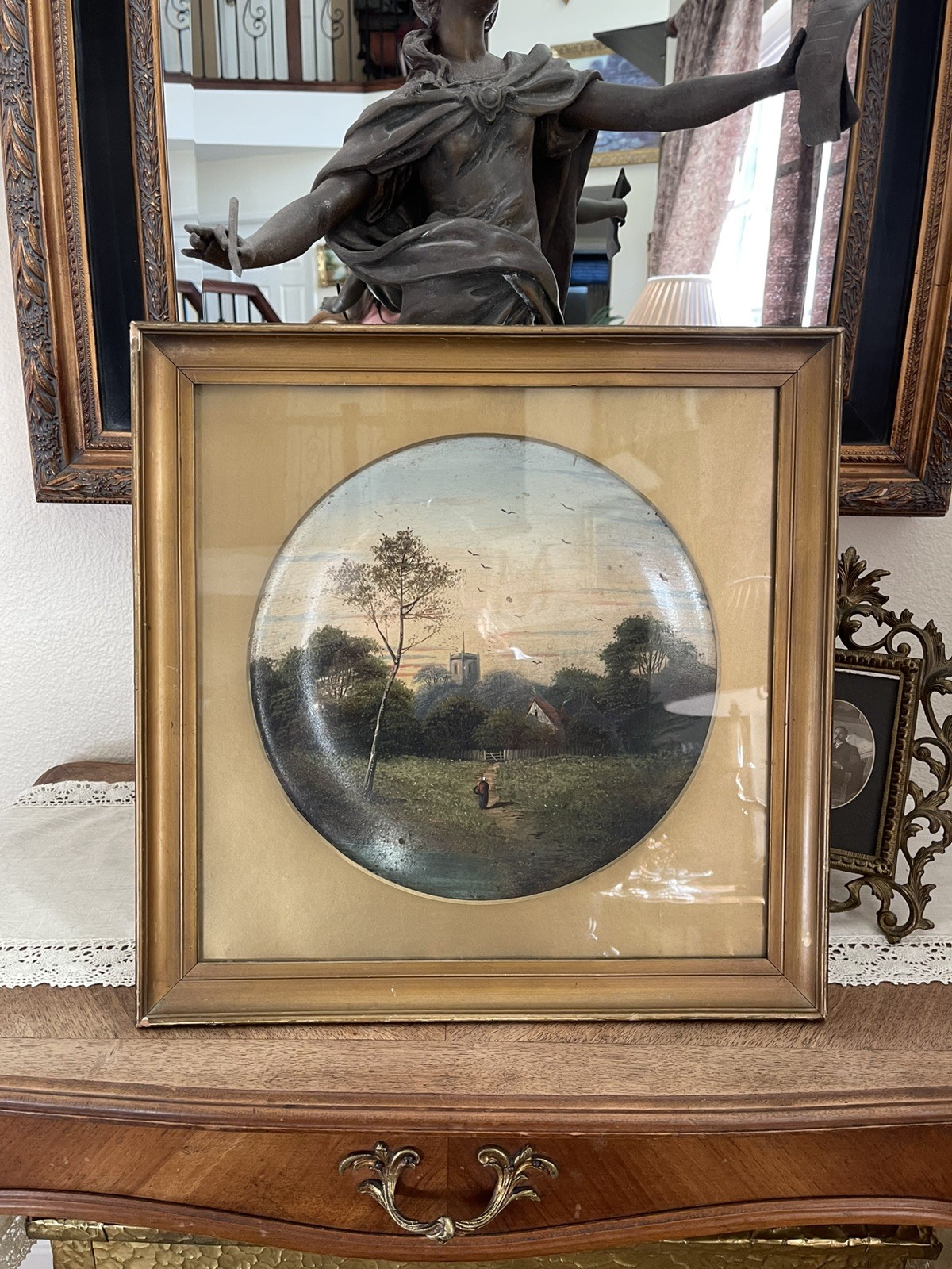 Unique 19thC Antique Oil Painting In A Bowl – Village Scene/Landscape