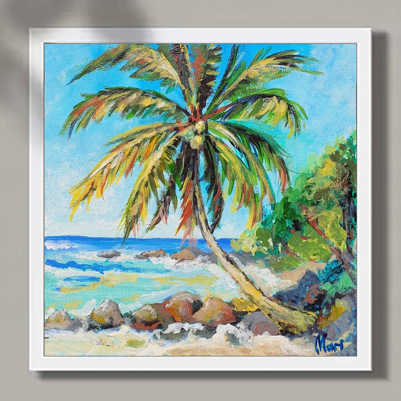 Tropical Palm Tree Beach Painting Original Wall Art Ocean Seascape 10×10 Florida