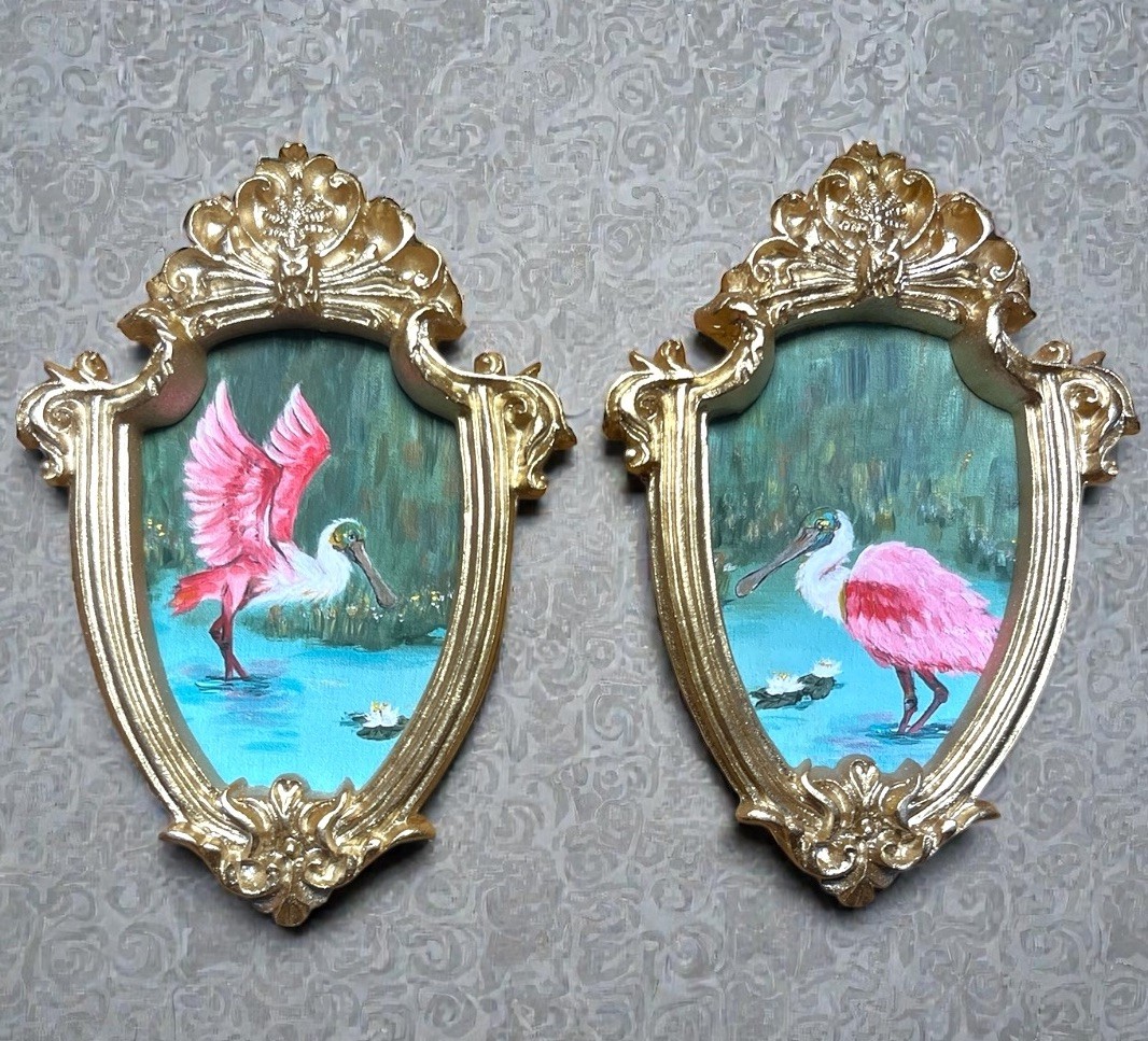 Set Of 2 Roseate Spoonbill bird mini prints in gold vintage style ornate frame