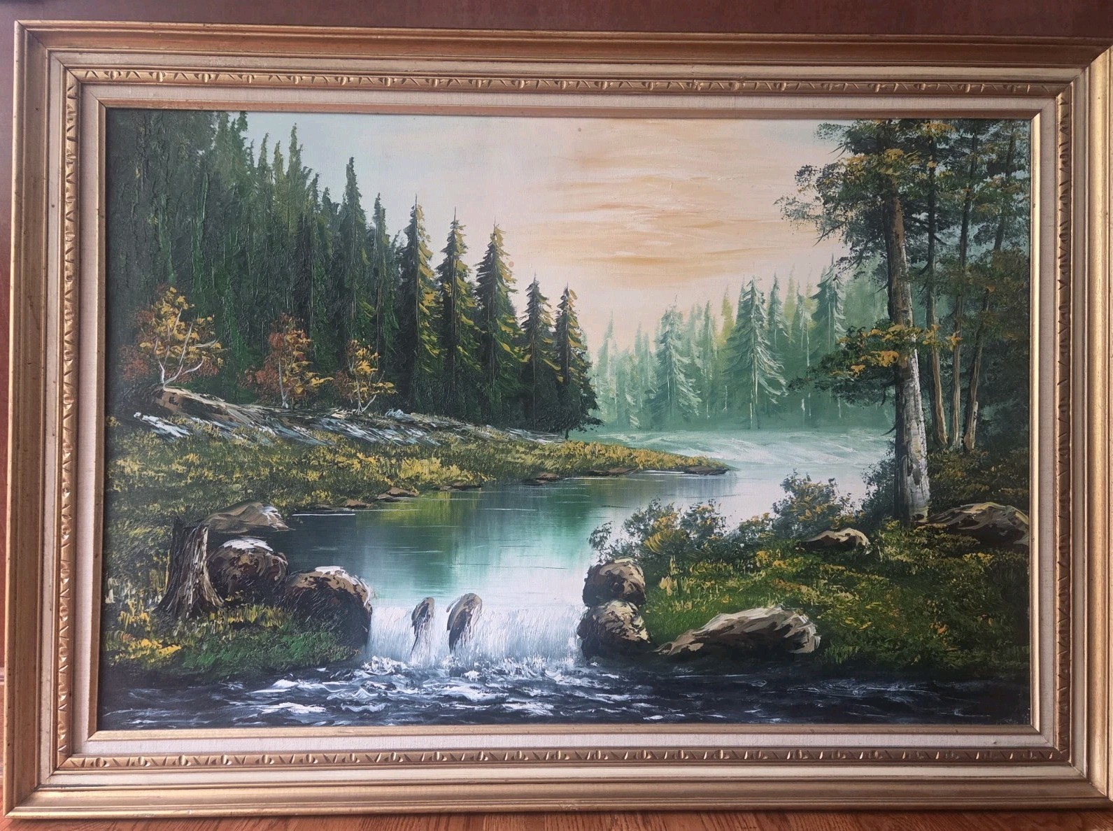 Vintage Mountain River Landscape Painting 41×29 Greco? Framed Vibrant