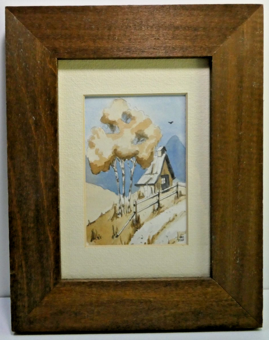 Original water color art Cabin on a hillside Blue with shades of beige & brown