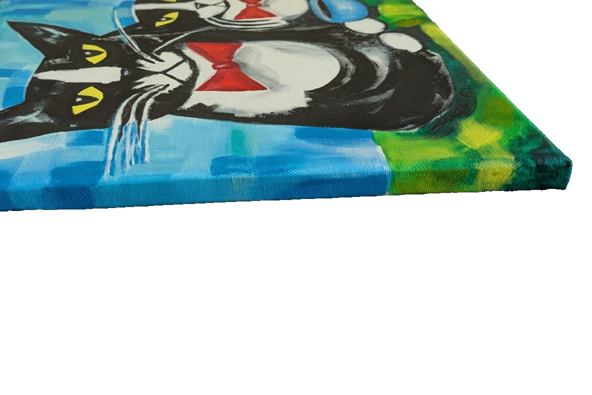 Cat Painting Original Collectible Modern Tuxedo Coffee Folk Art Samantha McLean