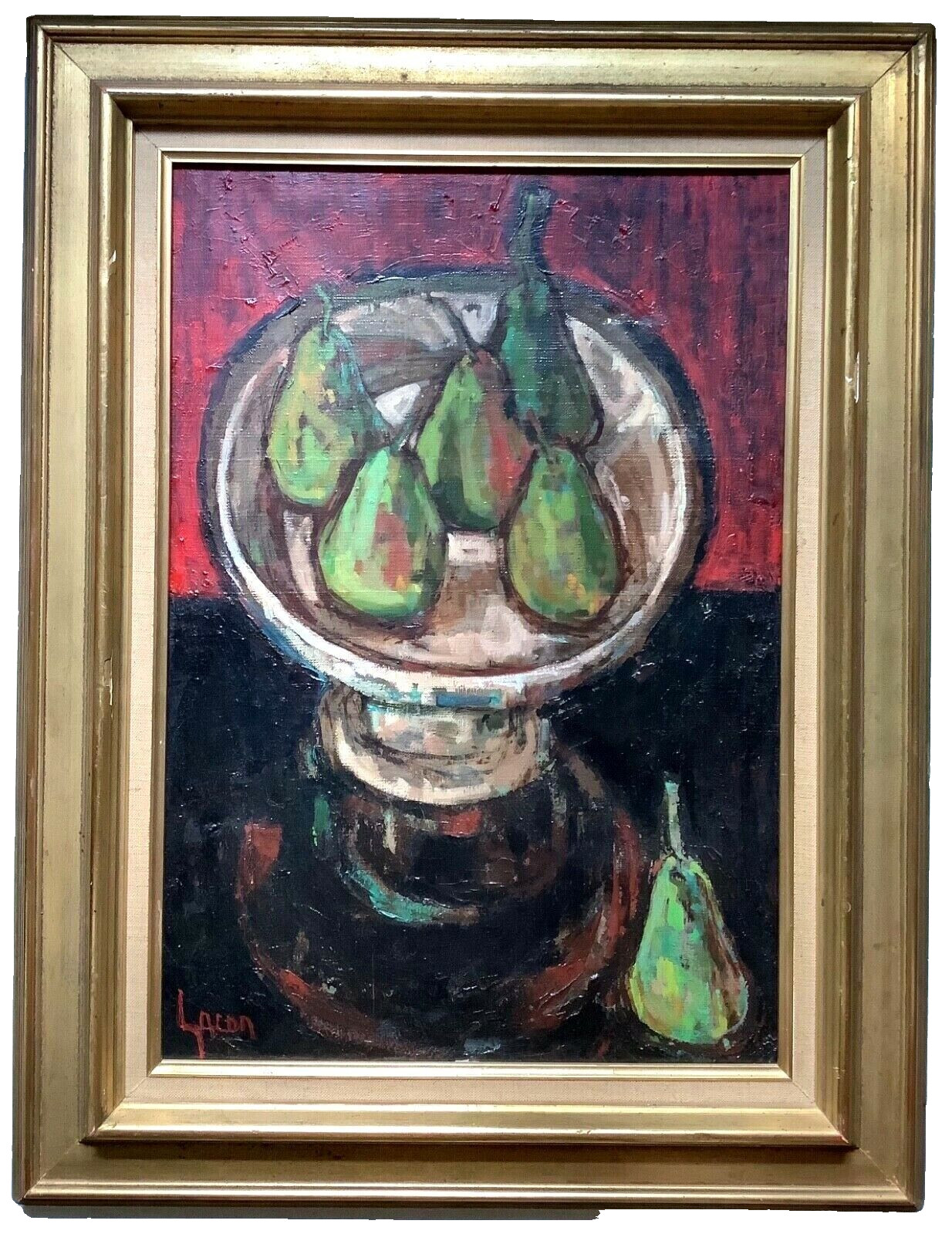 ANNE GACON (1913-1987) MODERN ART – STILL LIFE PEARS SALAD BOWL – OIL PAINTING