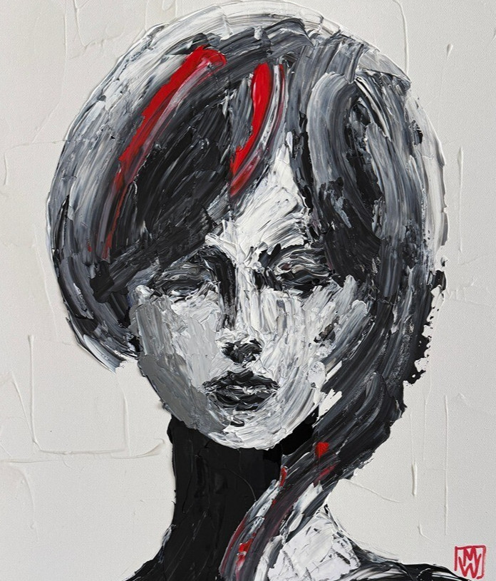 Original Impasto Portrait Woman Textured Black & White Fashion Painting Art 24″