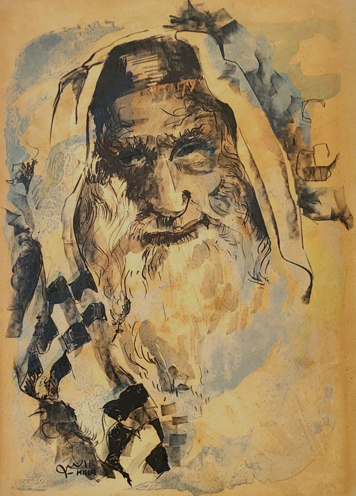 YONA MACH (1917-1999), Gouache and Ink Watercolor on Paper, An Old Jew, Signed