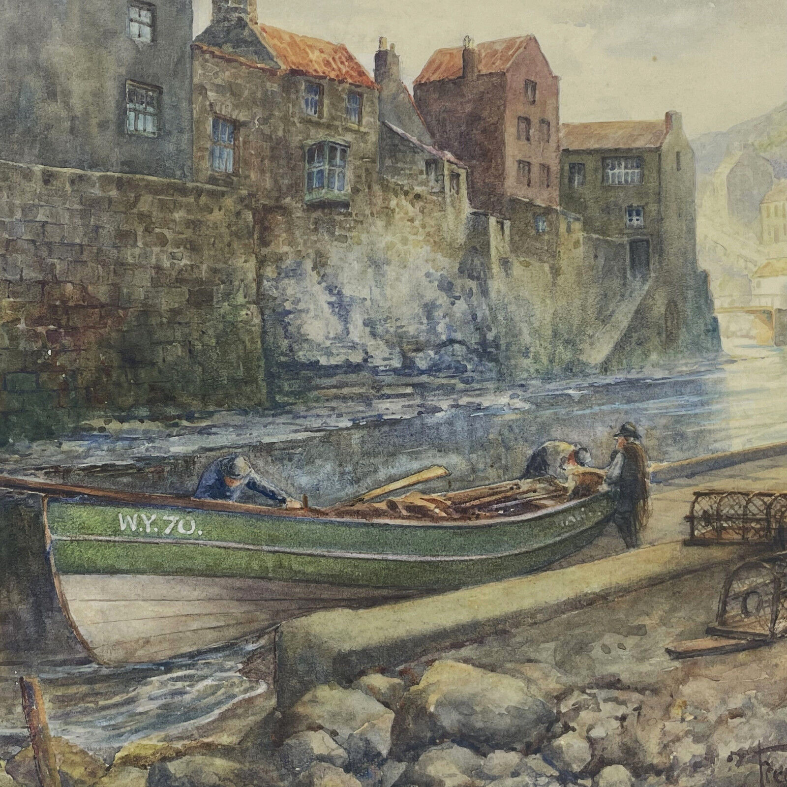 Antique Watercolor Painting Fred E. Graham Listed Artist Fishing Boat Traps