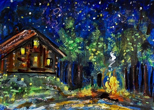 ACEO Original PAINTING Summer CABIN Camping Fire Night Stars Landscape ATC ART