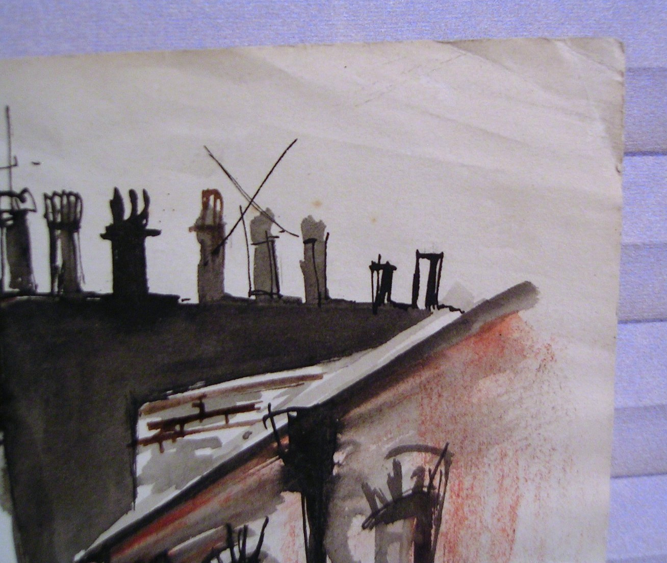 Mid 20th Century Expressionist Cityscape Painting Watercolor and Ink