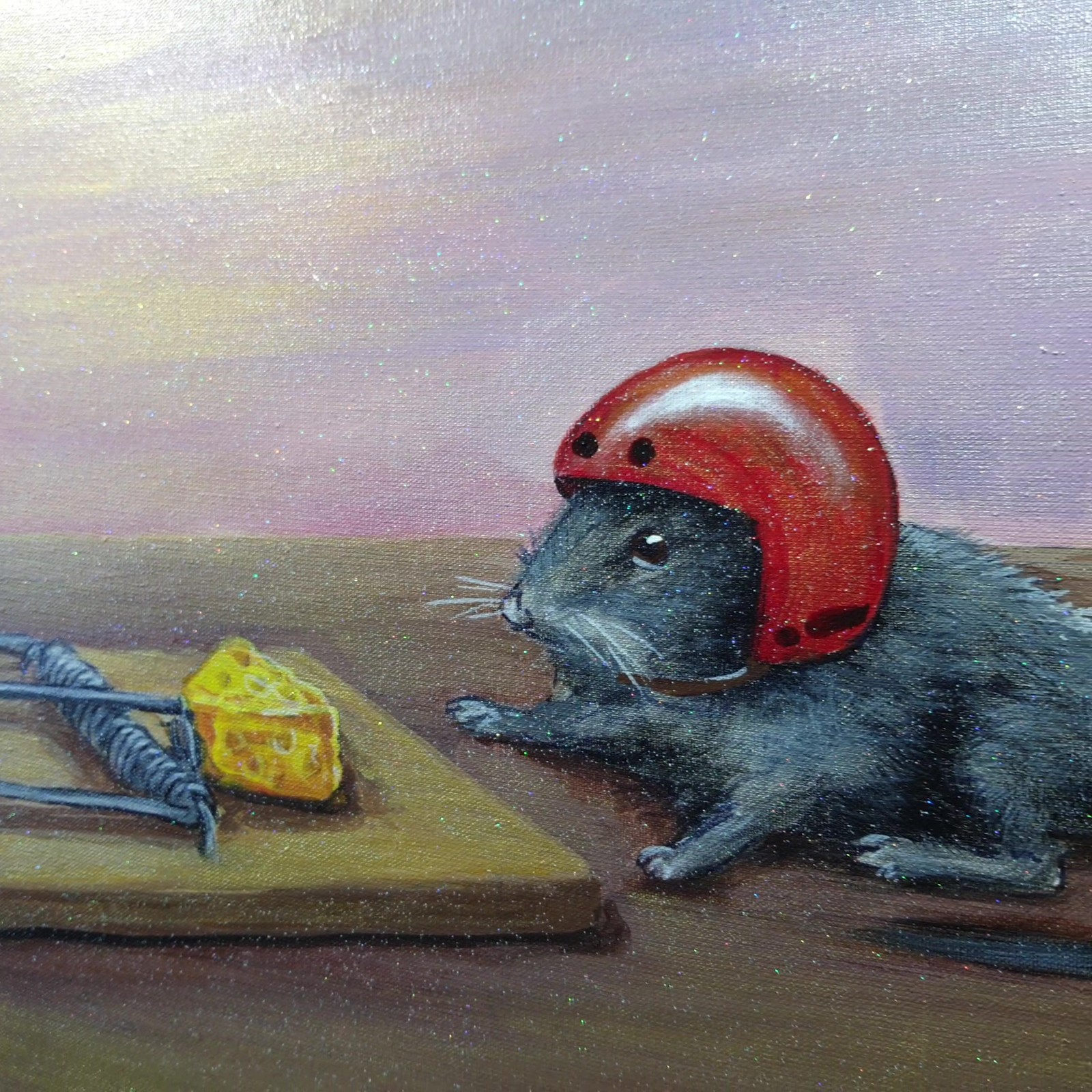Original Acrylic Painting Thinking Mouse Red Helmet Cheese Trap Canvas Wall Art