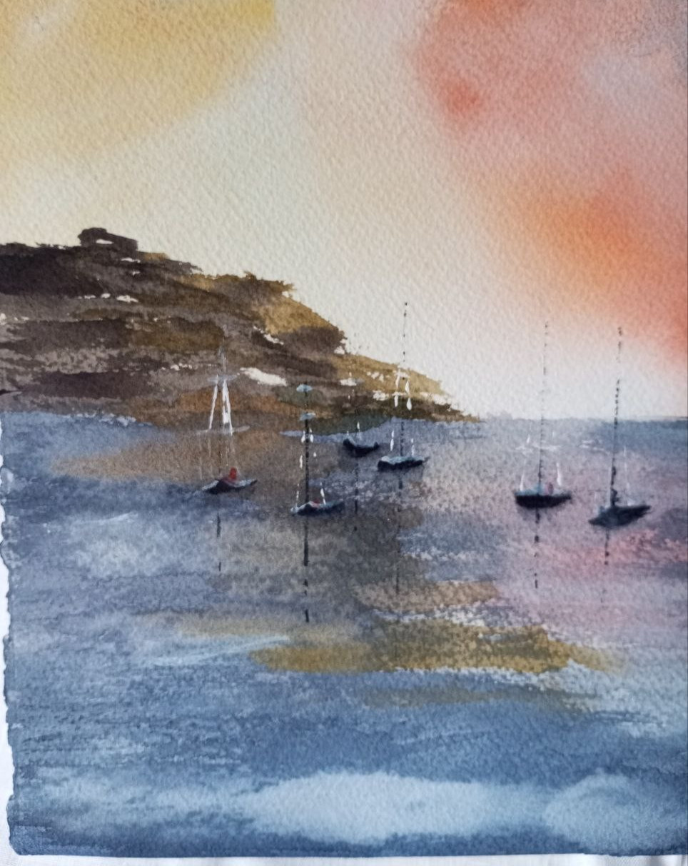 paintinwatercolor seascape quiet harbor sea sailboats beautiful sky sunrisegift
