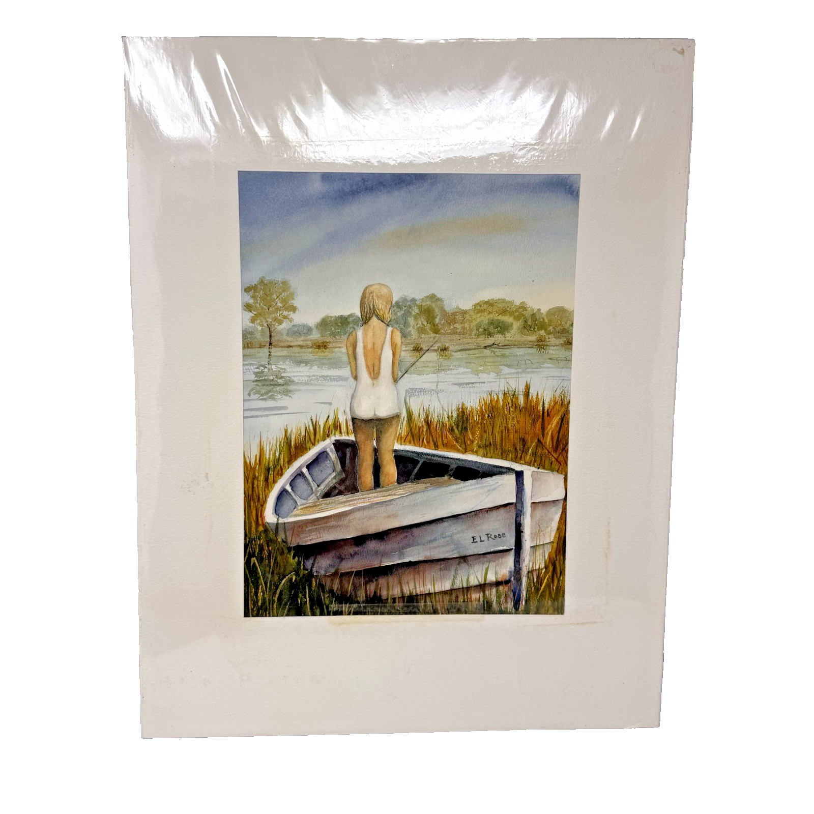 Charming Vintage Row Boat Girl Fishing Signed «E L Rose» Watercolor Painting EUC